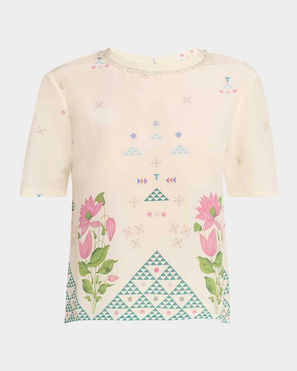 Gabrielle Geo Floral-Print Silk Crystal-Neck Blouse